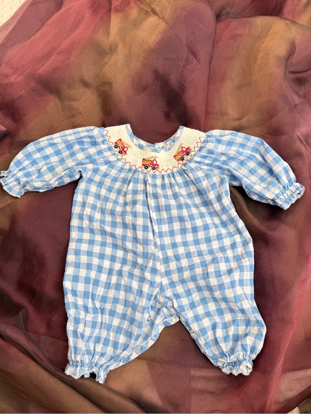Blue Gingham Smocked Baby One-Piece with Fire Truck Detail